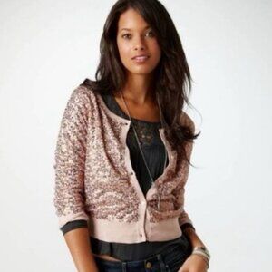 American Eagle SZ L Mocha Sequin Cotton Cardigan Dressy Formal Party Sparkle